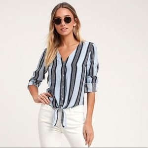 Lulus Cole Valley Blue Striped Tie-Front Top